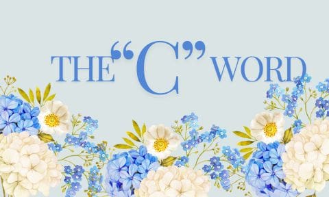 A blue and white floral banner with the words " c " written in front of it.